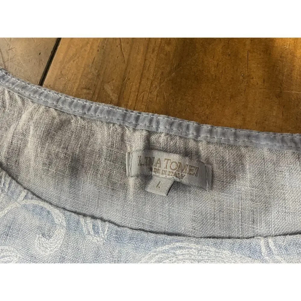 LINA TOMEI Chambray Blue Coastal Embroidered 100% Linen Dress Large Italy - Picture 3 of 11